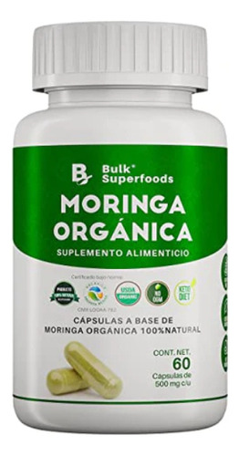 Suplemento Moringa Orgánica 60 Cápsulas de 500 Mg 100% Natural Sin Gluten Apto Keto | Bulk Superfoods