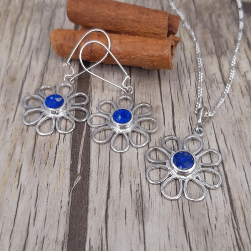 Conjunto Flor En Plata Fina Con Piedra Lapislazuli