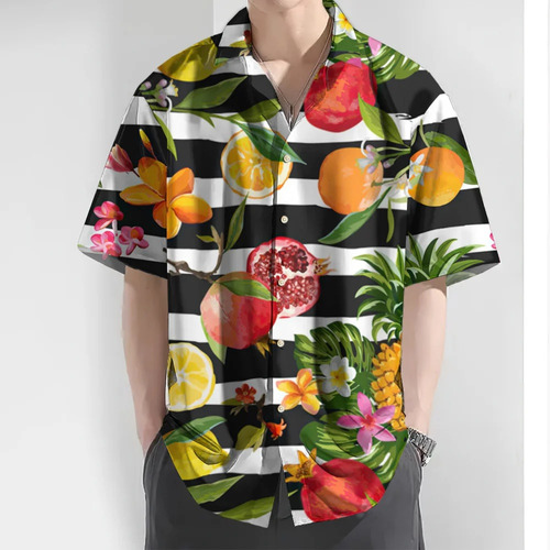 New Striped Men's Shirt Fruit Printed Short Sleeve Shirt