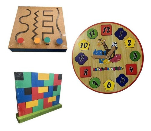 Kit Painel Psicomotor, Relógio Pedagógico E Encaixe Tetris
