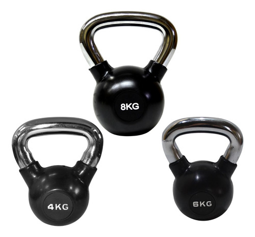 Kit Pesas Rusas Basico: Caucho Cromado 4kg+ 6kg+ 8kg Gmp Negro