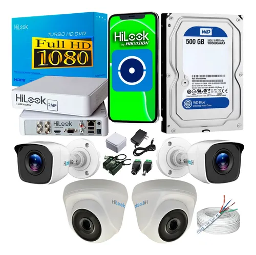 Kit Hilook Hikvision Dvr 4ch + 4 Camaras 1080p + Disco Duro