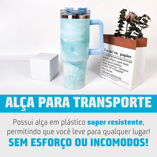 Garrafa Térmica 1200ml Estilo Aquarela Degradê Tampa Transparente Com Canudo Alça Lateral Bebida Fria Ou Quente Carro Festa Evento Aço Inox Cor Azul Irsina