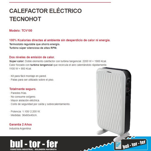 Imagen 4 de 6 de Calefactor Electrico Liliana Tecnohot Tcv100 2200 W