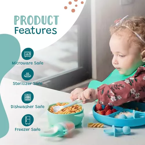 Suministros de alimentación de silicona para bebés 6 en 1, platos para  bebés, platos para bebés, utensilios para bebés de 6 a 12 meses, baberos de