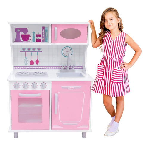 Cocina De Madera Vintage Kids House Modelo Coc4vb Color Blanca / Rosa