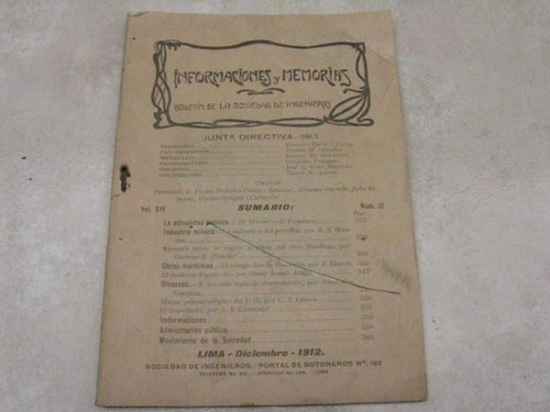 Mercurio Peruano: Boletin Ingenieria 12-1912 L25 Ig8rn