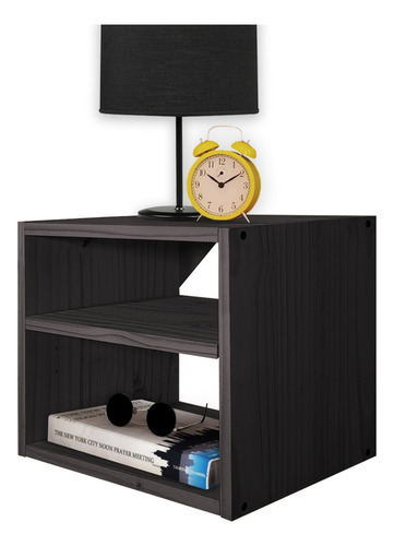 Mesa De Luz Flotante Cubo Dos Estantes Moderna Maciza Sajo Color Negro