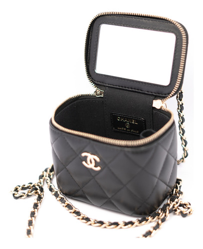 Mini Bolso Chanel Vanity Original Con Certificado Entrupy Negro Acolchado Metal Negro/plata (Usado)