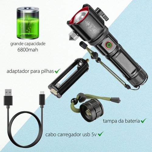 Kit 5 Lanternas Led Potente Tática Quebra Vidro Com Lâmina