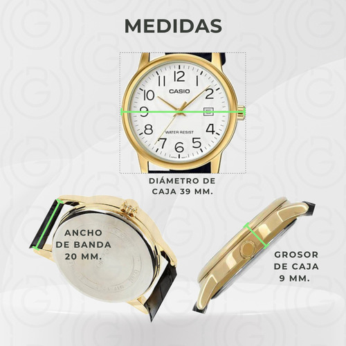Reloj Casio Mtpv002 Hombre Correa Piel Fechador Fondo Blanco Negro Dorado Blanco