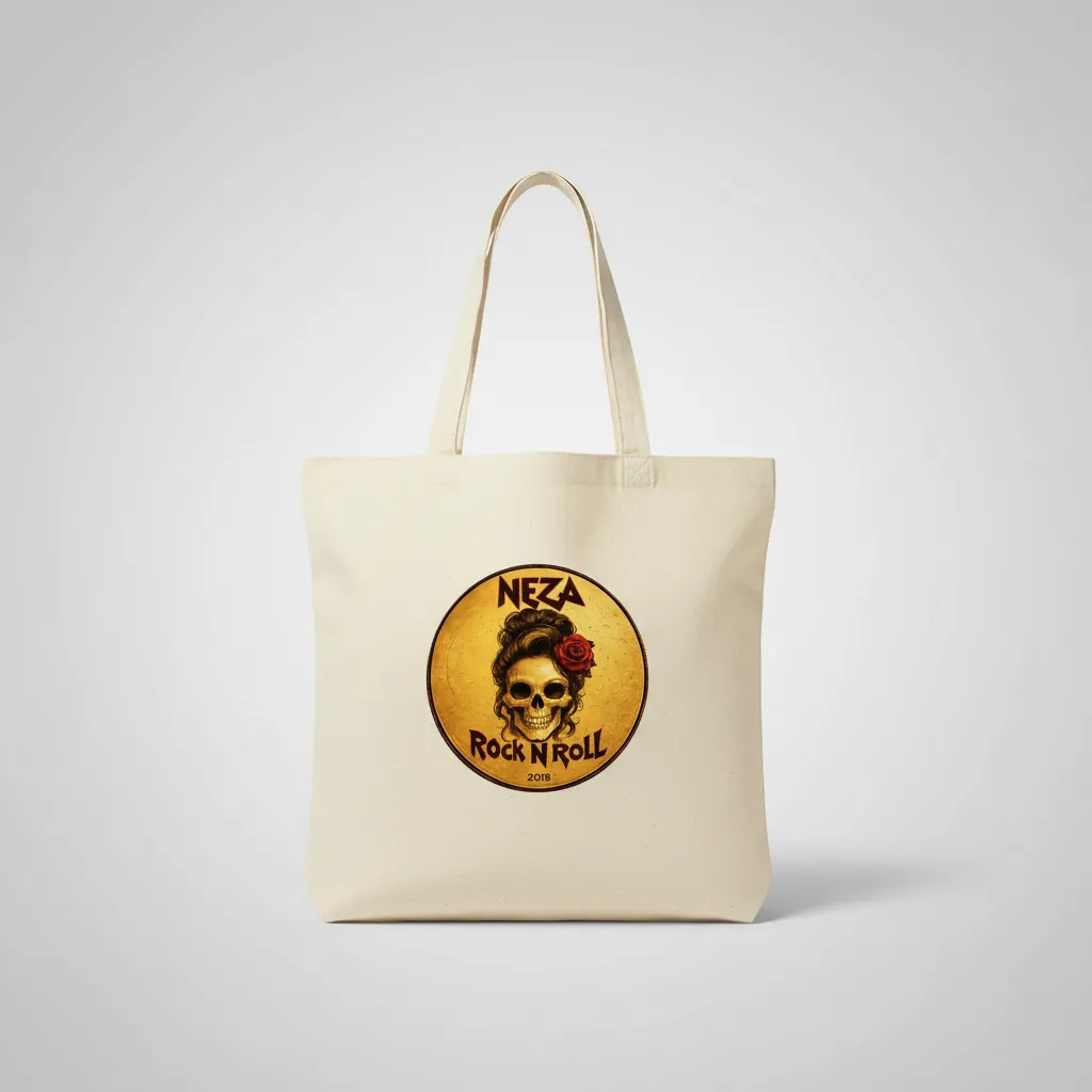 Bolsa De Tela Tote Bag Calavera Rock N Roll Diseño Neza Beige Tote Nezarock