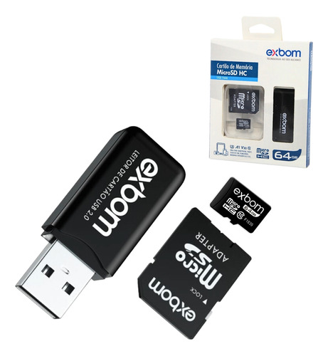 Cartão De Memória 64gb Micro Sd Adaptador E Pen Drive Exbom