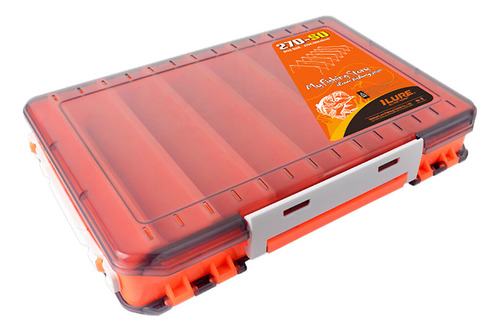 Caja de pesca, señuelos de doble cara y anzuelos de color naranja