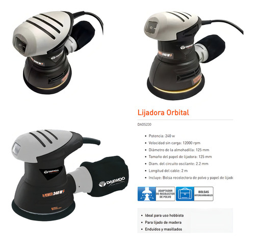 Lijadora Roto Orbital Daewoo Daos230 Negra Y Gris 60hz 240w Negro/gris 60 Hz