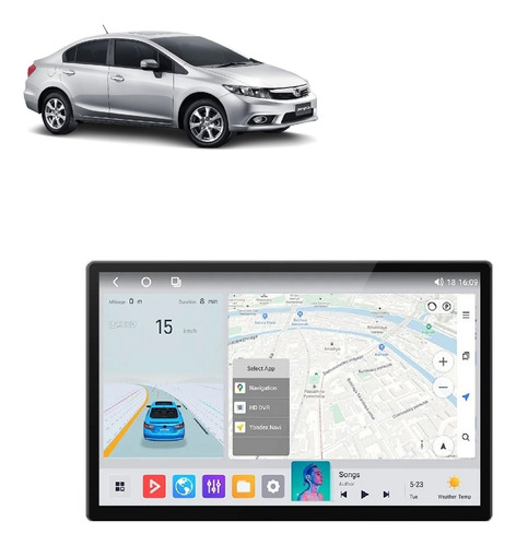 Multimídia Android Horizontal Honda Civic 2012-2015 4+64 13p Cor Preto