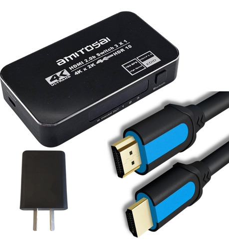 Switch Hdmi 3 X 1 Amitosai + Fuente 5v+ Cable Hdmi 4kv2 1,5m