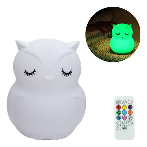 Lámpara Velador Infantil Silicona Luz Noche Buho Rgb Remoto Estructura Blanco Pantalla Blanco