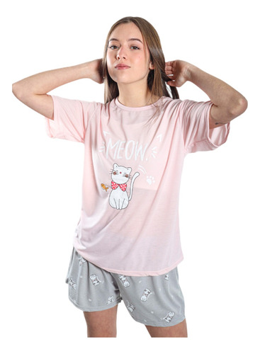 Pijama Mujer Polera Manga Corta Y Short Diseño Gatito Meow