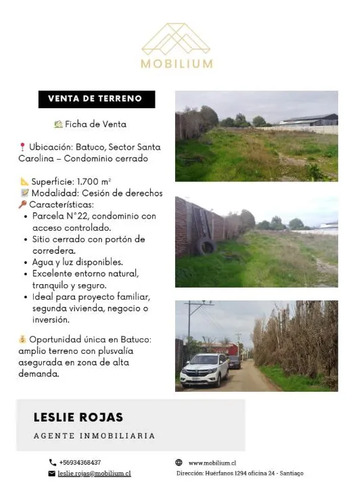 Inmejorable Venta Terreno 1700 Mts Colina