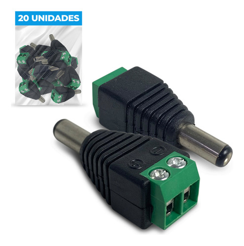 Kit 20 Conector Plug P4 Macho Câmera Segurança Fita Led Cftv Cor Preto