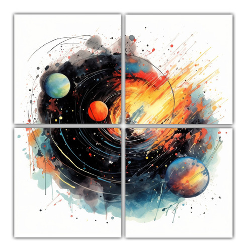 80x80cm Cuatro Telas Bastidor Dibujo Relieve Planetas Grande