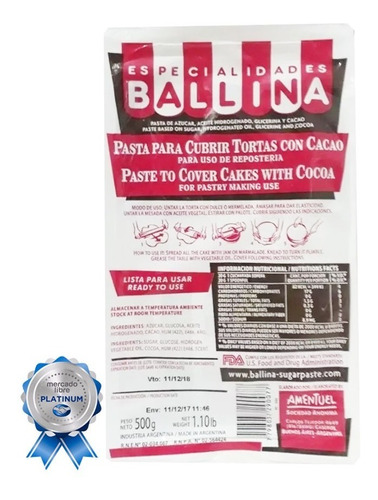 Pasta Cubrir Tortas Con Cacao 500g Ballina - Ciudad Cotillón