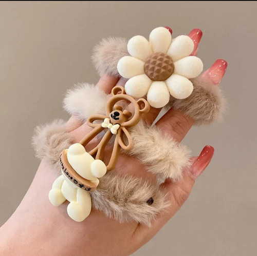 Elástico De Cabelo Xuxinha Marrom Pelúcia Prender Cabelo Ursos Flores E Laço