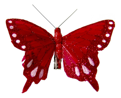 Borboleta Decoração Natal 9,5cm C/glitter Vermelha C/6 Pçs