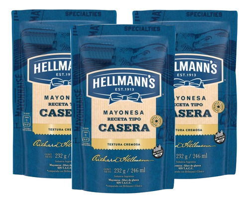 Mayonesa Hellmanns Tipo Casera 3x232g Sin Tacc Apta Celiacos