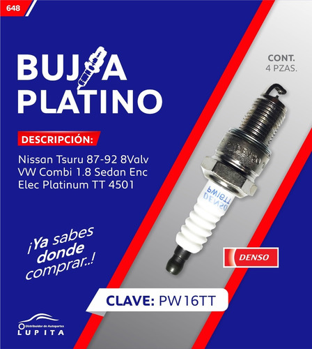 Bujia Platino Nissan Tsuru 87-92 8valv Vw Combi 1.8 X 4pzas