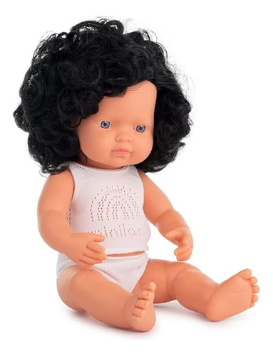 Miniland Baby Doll Caucásico Rizado Pelo Negro Niña 15 PuLG