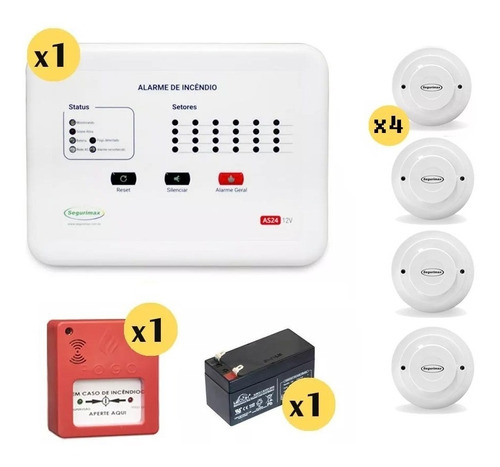 Kit Central Incêndio 6 Setor + Acionador + Detector Fumaça