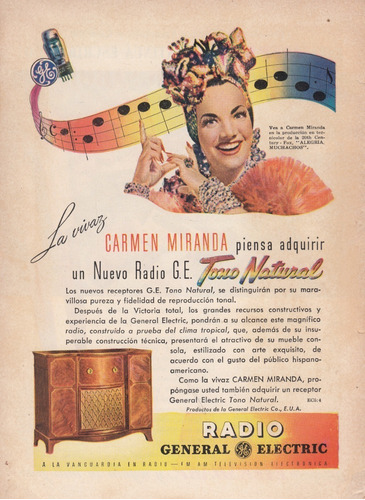 1945 Carmen Miranda Publicidad Radio General Electric Raro