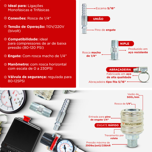 Kit Pressostato Com Filtro Eliminador Água E Acessórios 1/4