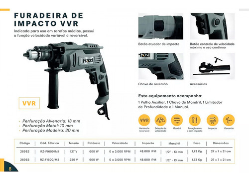 Furadeira De Impacto Razi Vvr 13mm 600w 220v Rz-fi600/m2