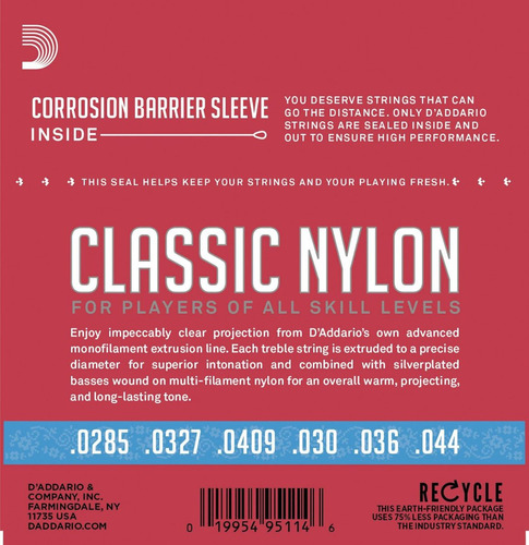 Imagen 2 de 5 de Encordado Daddario Ej27h Classic Nylon Hard Guitarra Clasica
