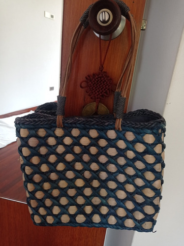 Cartera Mimbre Azul Y Beige