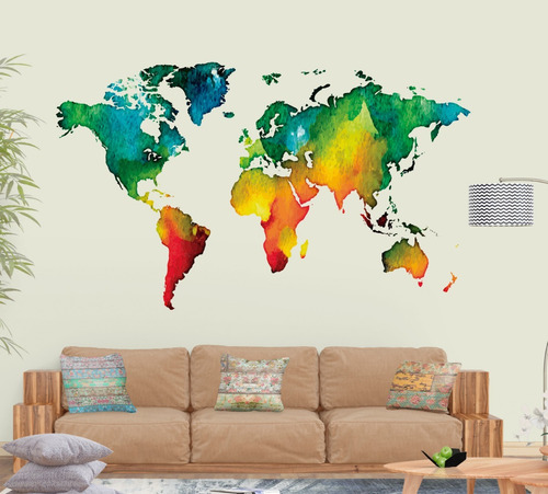 Imagen 2 de 6 de Vinilo Decorativo Planisferio, Mapamundi, Mundo, Acuarelas
