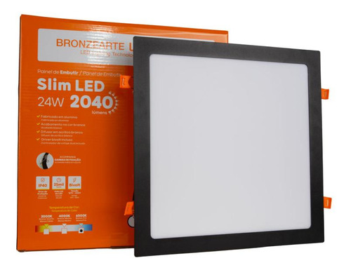 Painel Plafon 30x30cm Embutir Slim LED 24W Quadrado Alumínio Preto 6500K Branco Frio LLUMM Bronzearte