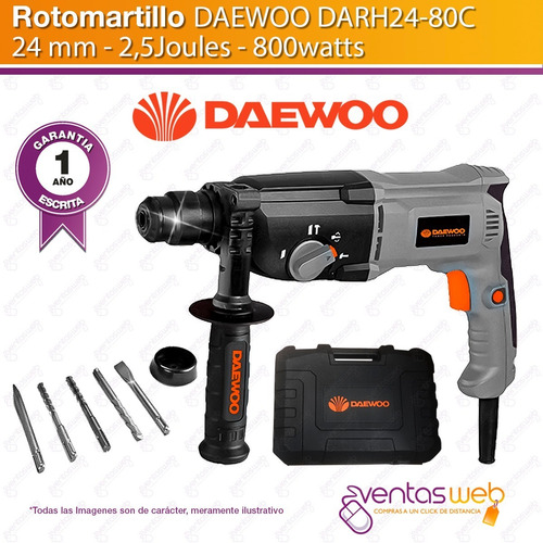 Imagen 2 de 5 de Taladro Rotomartillo Daewoo 2,5j 800w + Maletin Y Mechas