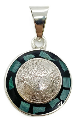 Dije Redondo Sol Azteca Ónix Y Turquesa Plata 925 Mexico 