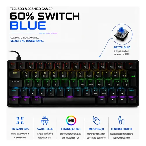 Teclado Mecanico Gamer 60 Rgb Switch Blue Anti Ghosting Abnt 12 Efeitos De Iluminacao Teclas Injetadas Preto Fixmycell