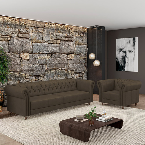 Conjunto Sofá 180cm 1 Poltrona Chesterfield Couro Capuccino