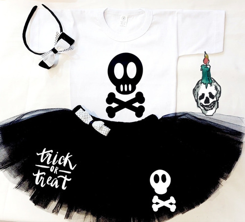 Disfraz De Halloween Calavera Con Tutu, Remera Y Vincha