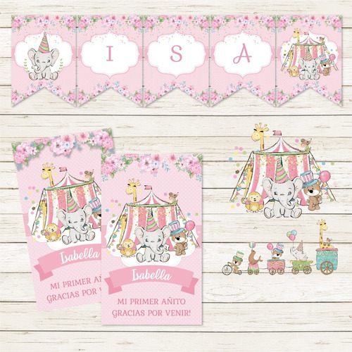 Mini Kit Imprimible Circo Elefante Rosa Carpa Animales Party