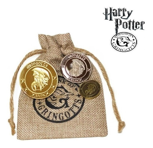 Imagen 1 de 3 de Harry Potter - Bolsa Monedas Banco Gringotts Con 3 Monedas 