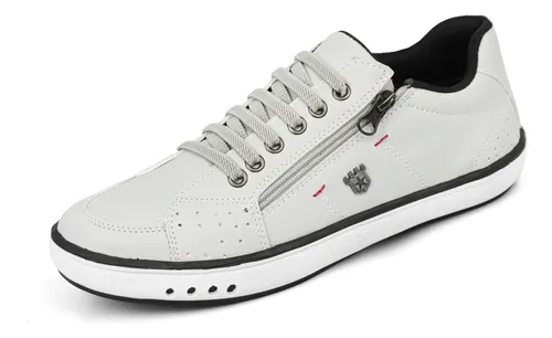 Sapatênis branco com detalhes em preto, exibindo zíper lateral e emblema metálico