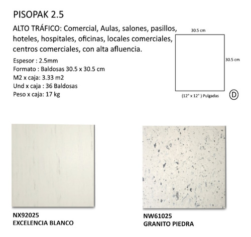 Imagen 2 de 3 de Piso Vinil Alto Trafico Comercial Resistente 2.5mm Metro2