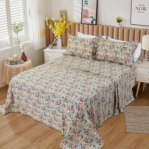 Juego De Cama Vintage Con Flores Coloridas, Tamaño Queen, 4